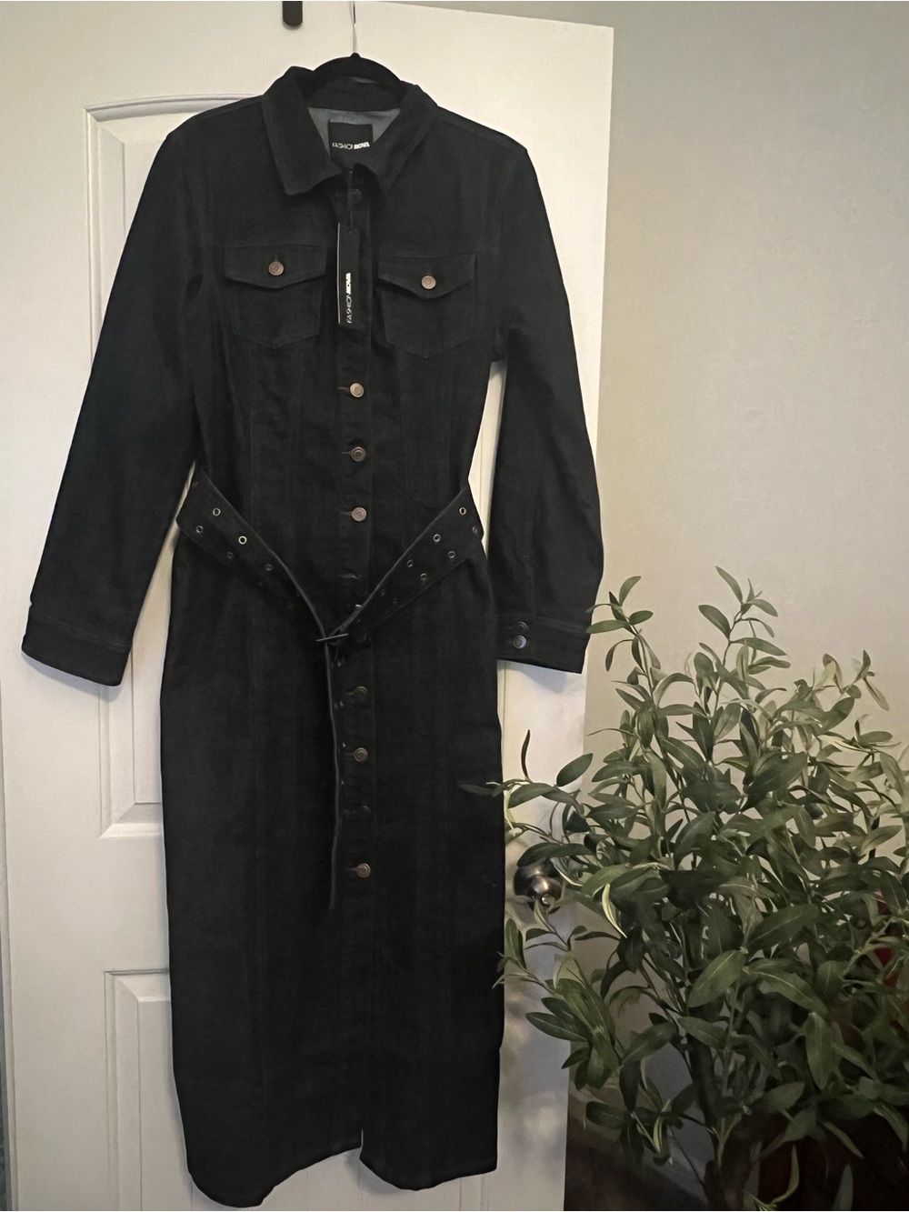Fashion Nova Denim Long Sleeve Button-Front Midi Dress with Waist Tie